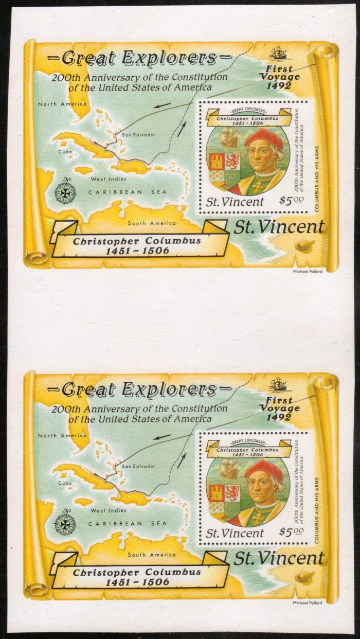 1988 Discovery of America Souvenir Sheet Proof Pair with Perforations Missing on Right Side 1988 Discovery of America Souvenir Sheet Proof Pair with Perforations Missing on Right Side